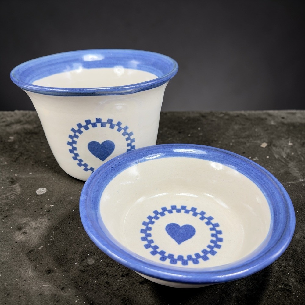 Brinker‎ Pots Dip Crock Set Blue Heart Stoneware Pottery Kansas City 2000s 2pc